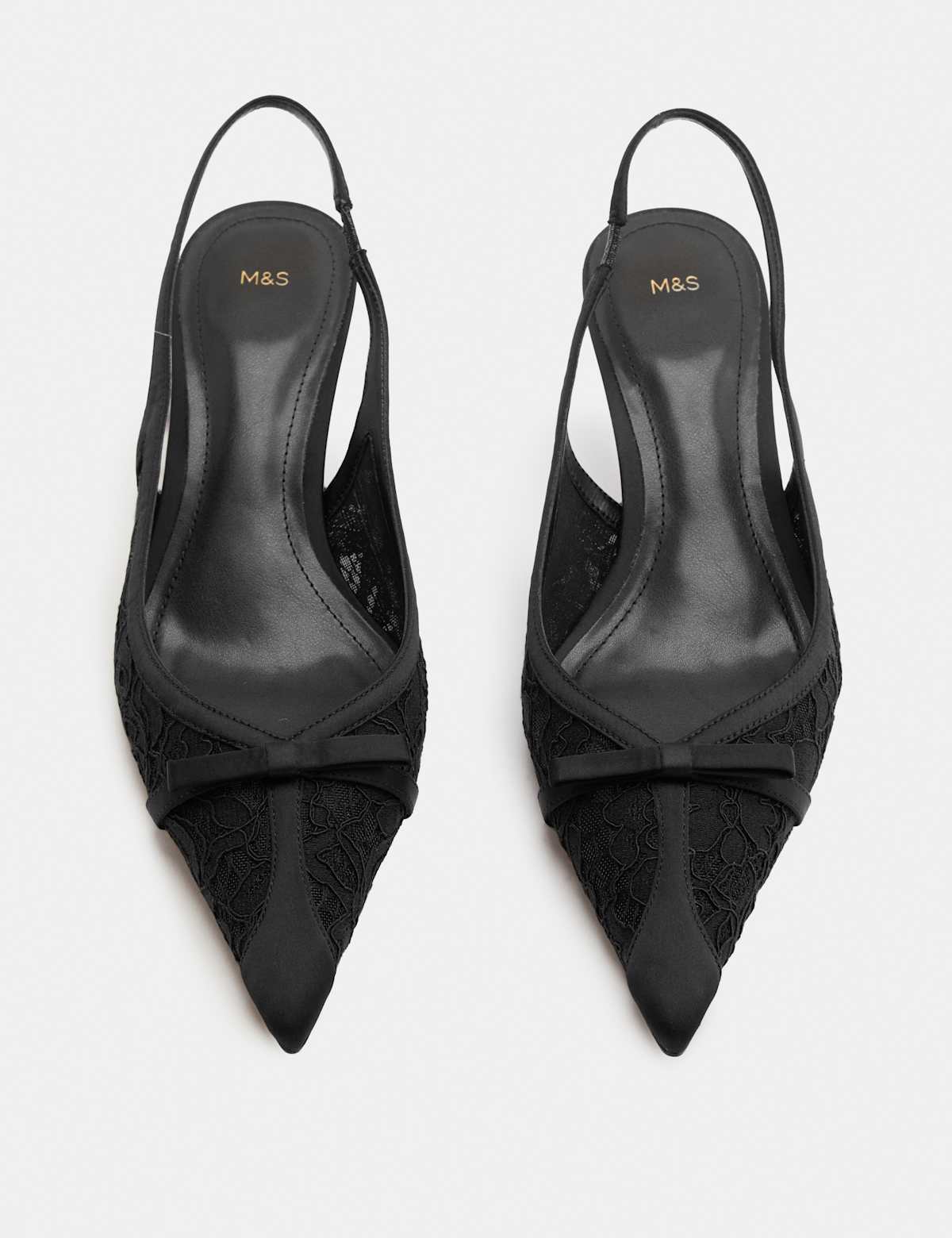 Women's Lace Bow Kitten Heel Pointed Toe Slingback - Black | slingback heels | SAVINTARI