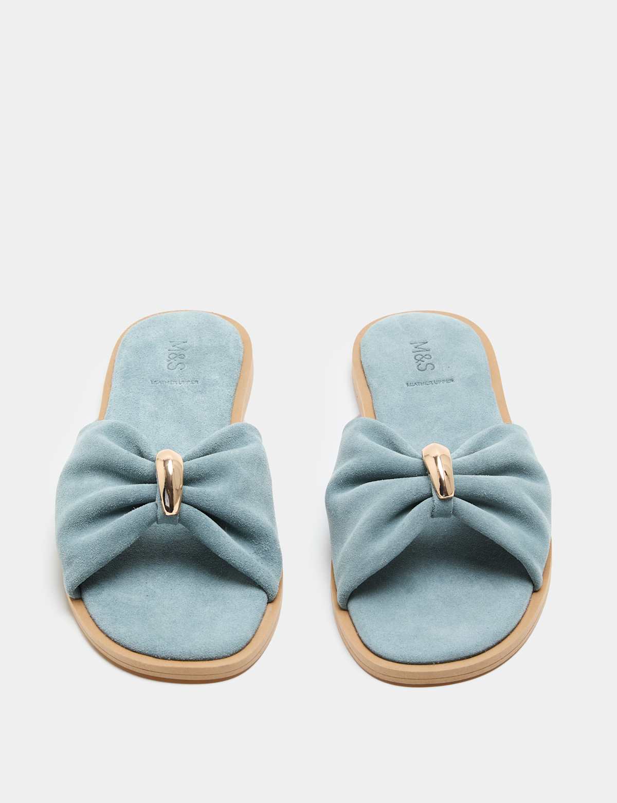 Women's Suede Gold Trim Flat Mules - Light Blue | SAVINTARI