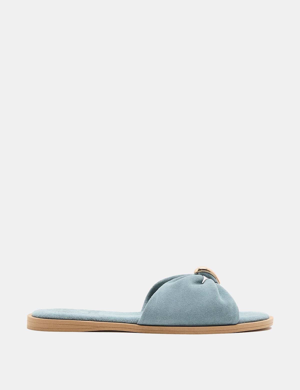 Women's Suede Gold Trim Flat Mules - Light Blue | SAVINTARI