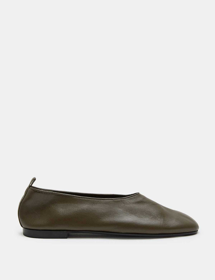 Leather High Vamp Flat Ballet Pumps · Olive