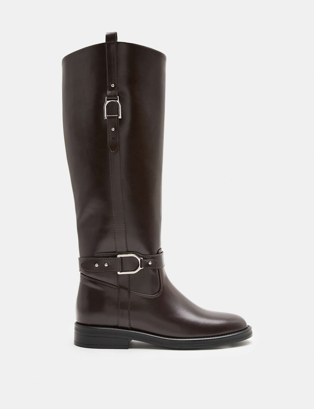 Women's Buckle Riding Round Toe Knee High Boot - Black | SAVINTARI