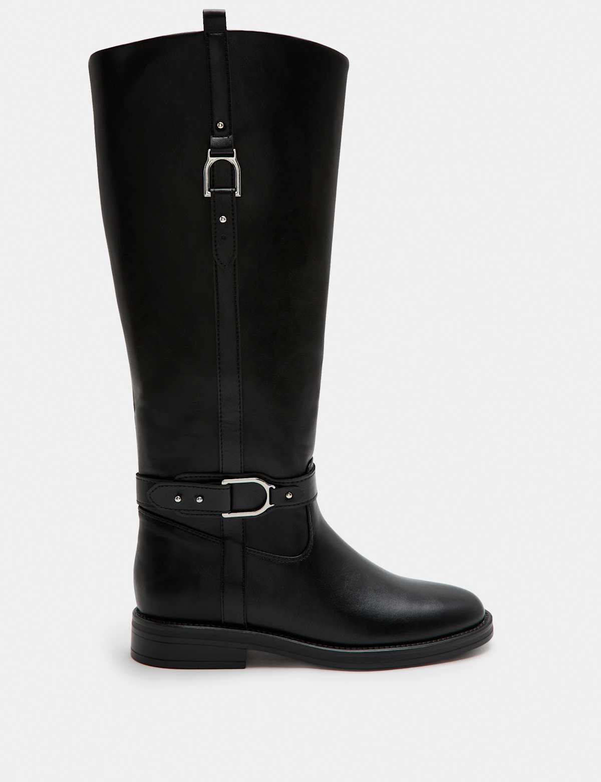 Women's Buckle Riding Round Toe Knee High Boot - Black | SAVINTARI