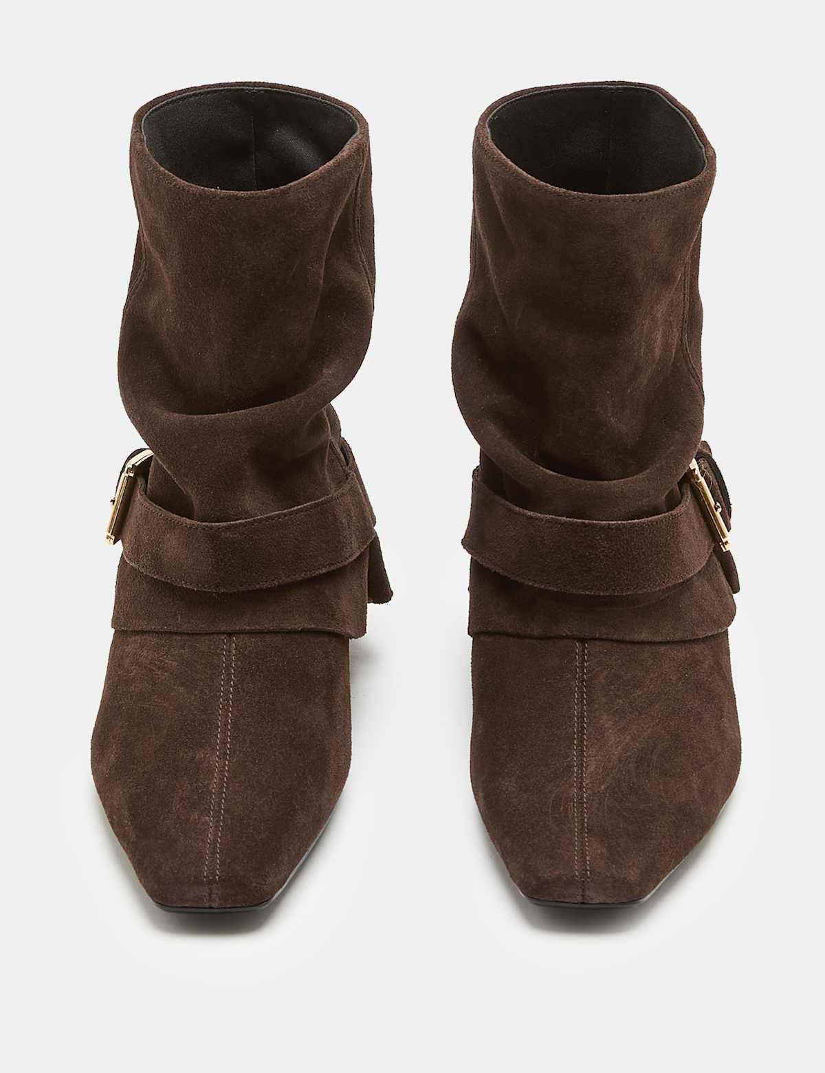 Women's Suede Buckle Slouch Block Heel Ankle Boots - Brown | slouchy boots | SAVINTARI