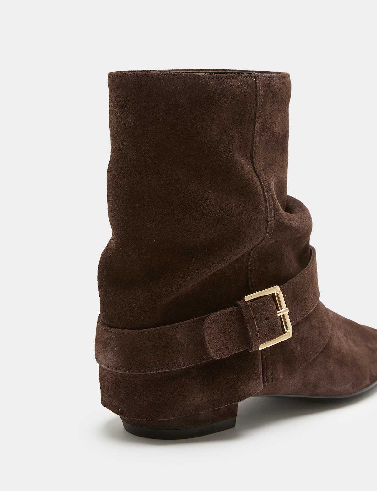 Women's Suede Buckle Slouch Block Heel Ankle Boots - Brown | slouchy boots | SAVINTARI