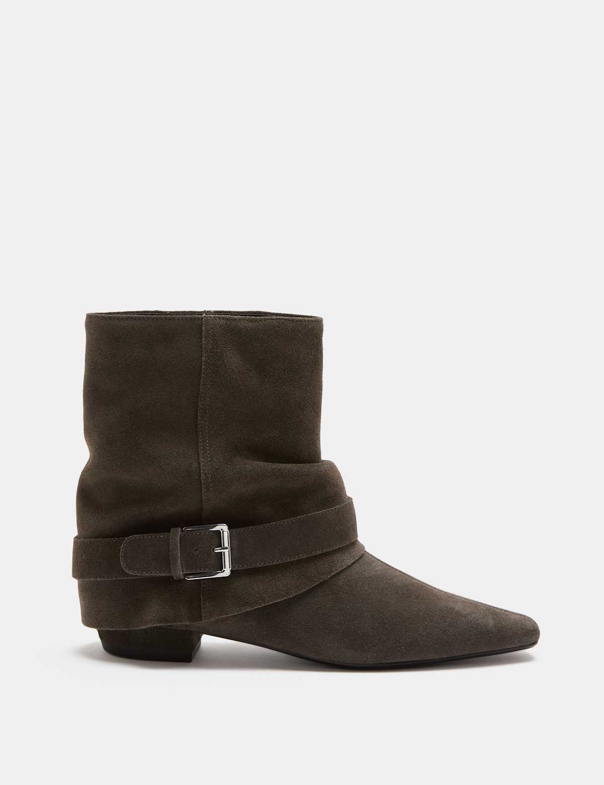 Women's Suede Buckle Slouch Block Heel Ankle Boots - Brown | slouchy boots | SAVINTARI