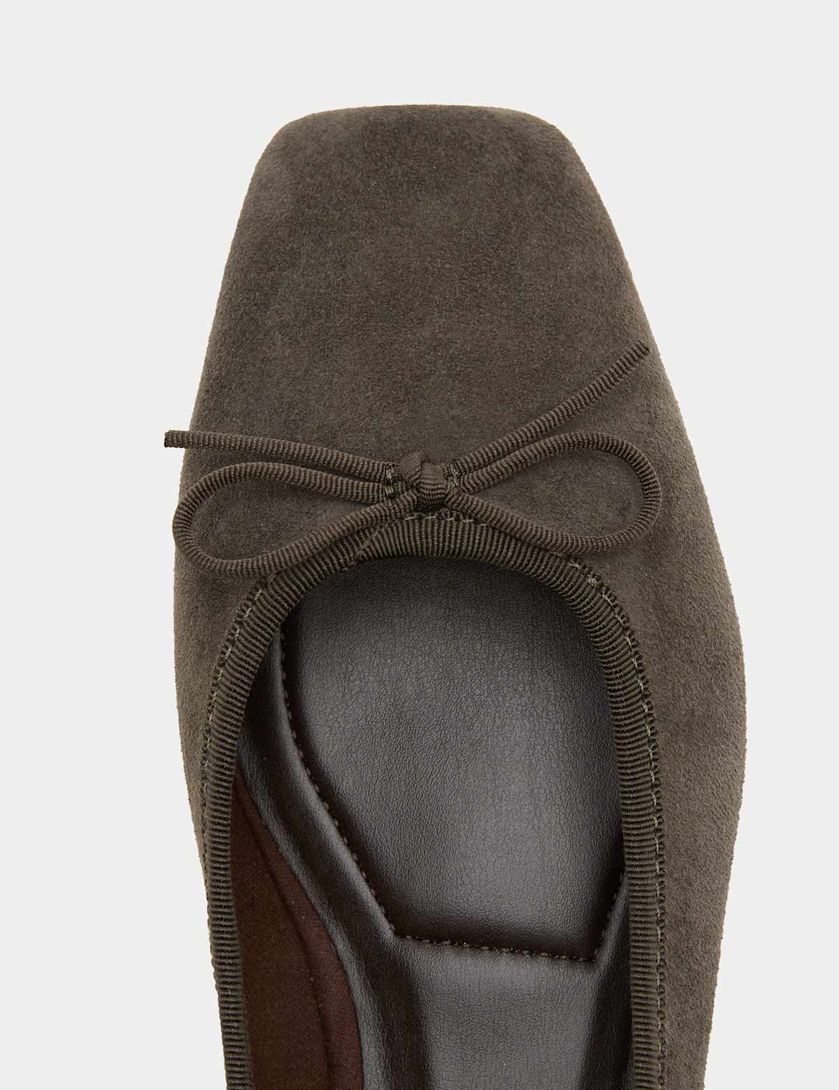 Women's Suede Bow Square Toe Ballet Pumps - Dark Grey | ballet flats | SAVINTARI