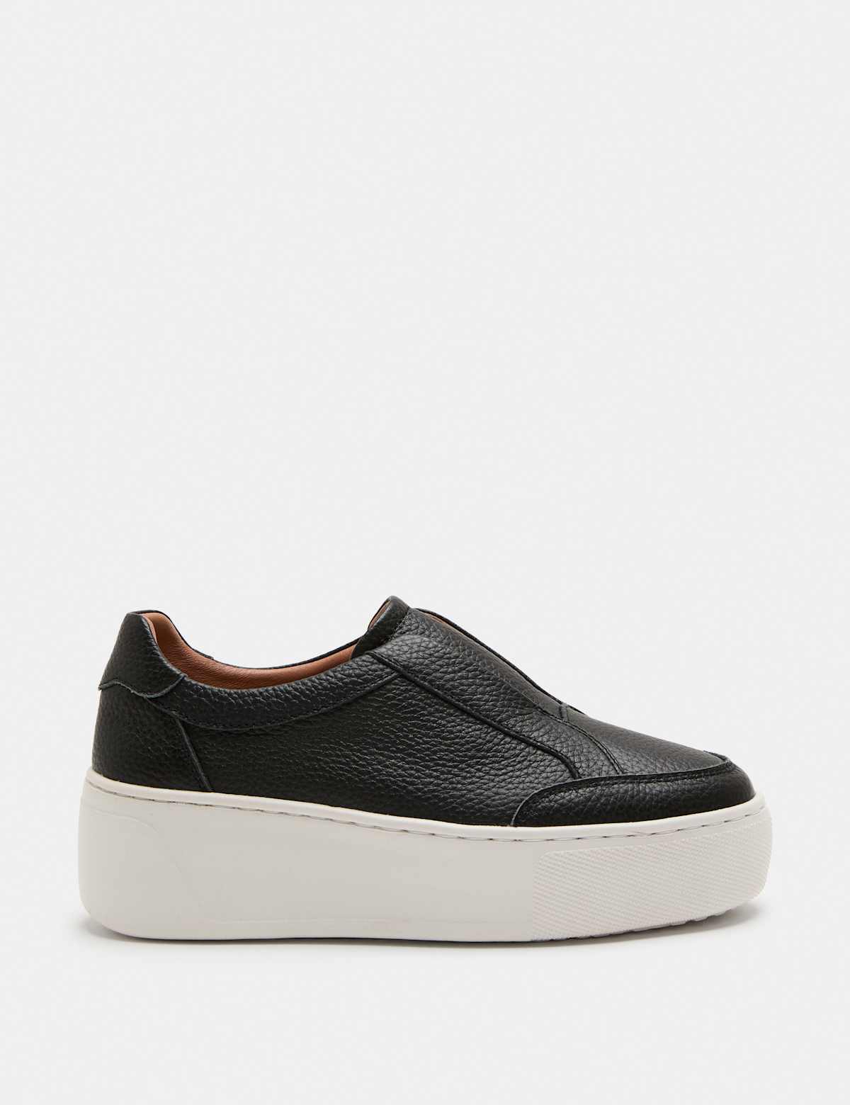 Women's Leather Slip On Platform Trainers - Black | SAVINTARI