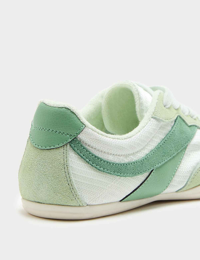 Women's Leather Mix Side Detail Retro Runner Trainers - Green Mix | Everyday Trainers | SAVINTARI