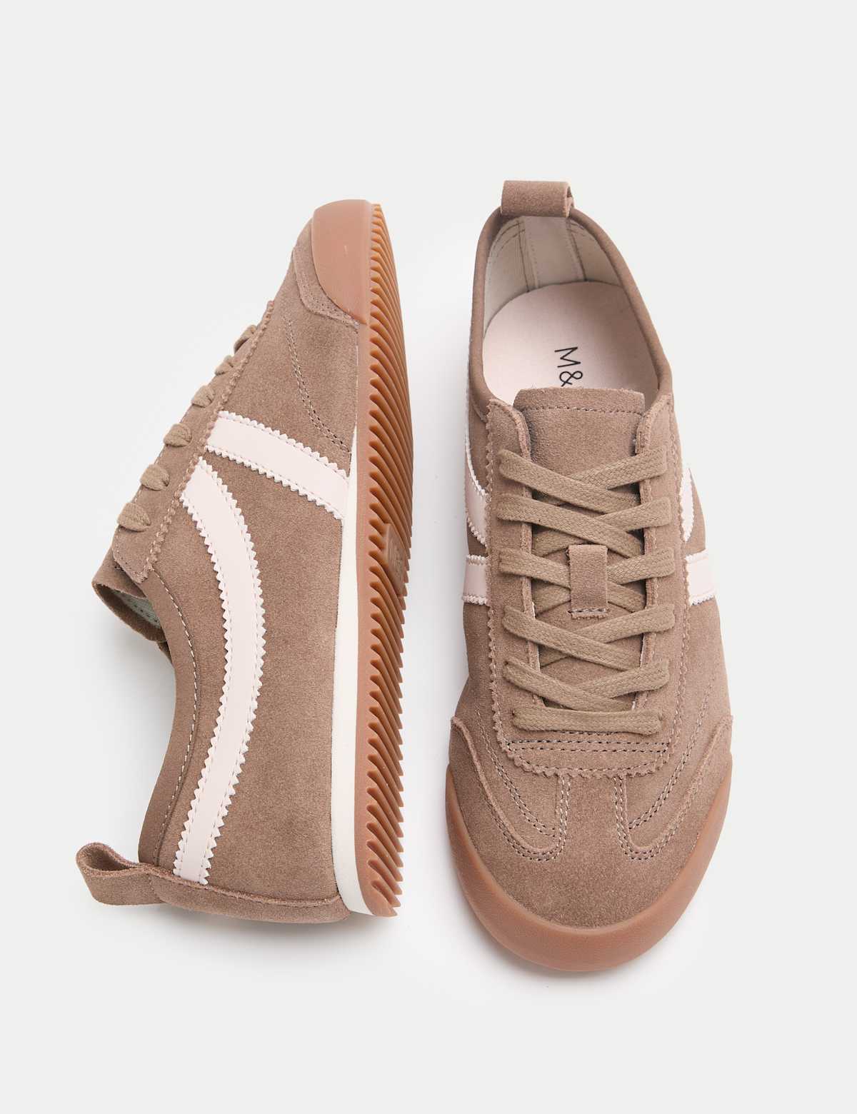 Women's Suede Lace Up Side Detail Runner Trainers - Taupe | SAVINTARI