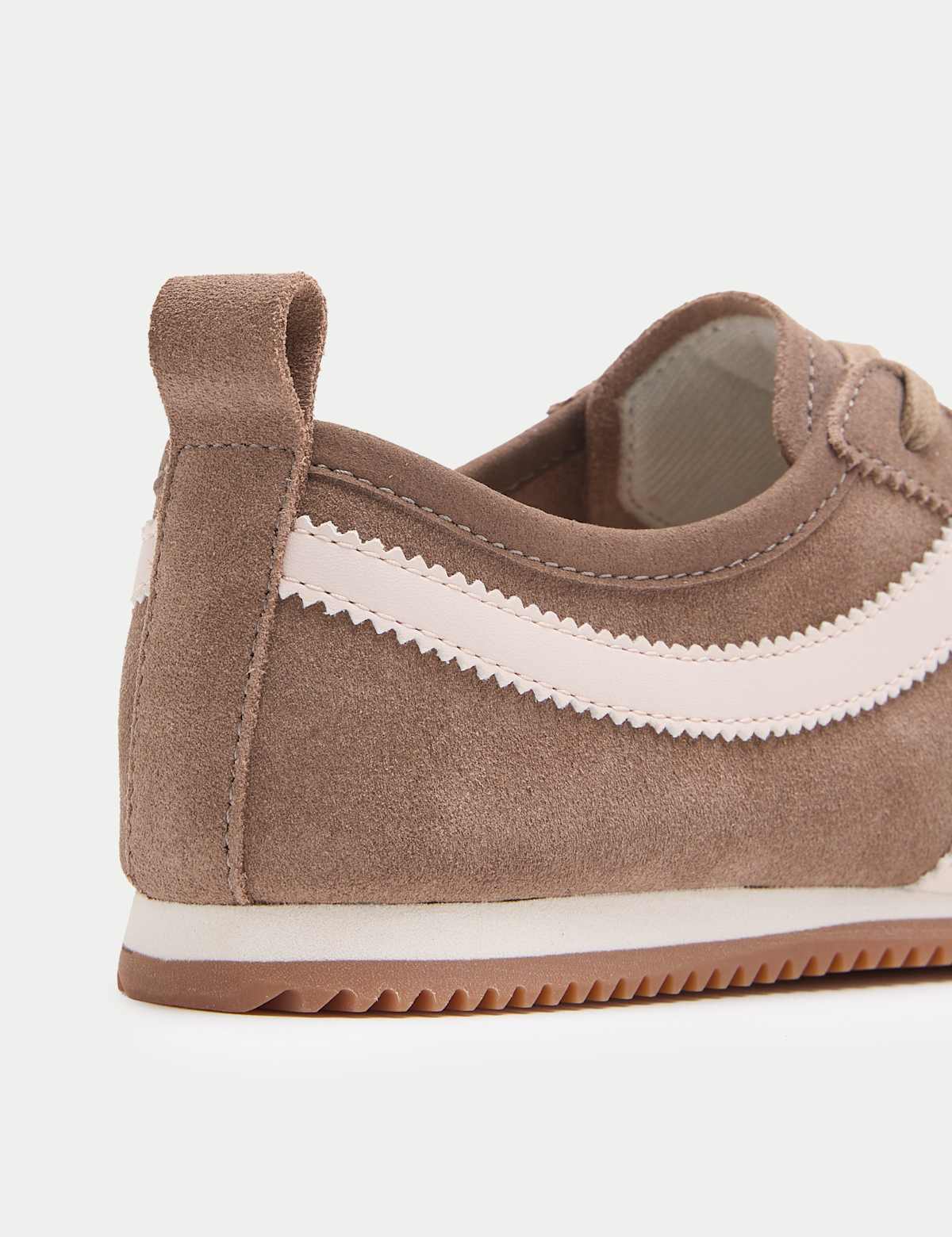 Women's Suede Lace Up Side Detail Runner Trainers - Taupe | SAVINTARI