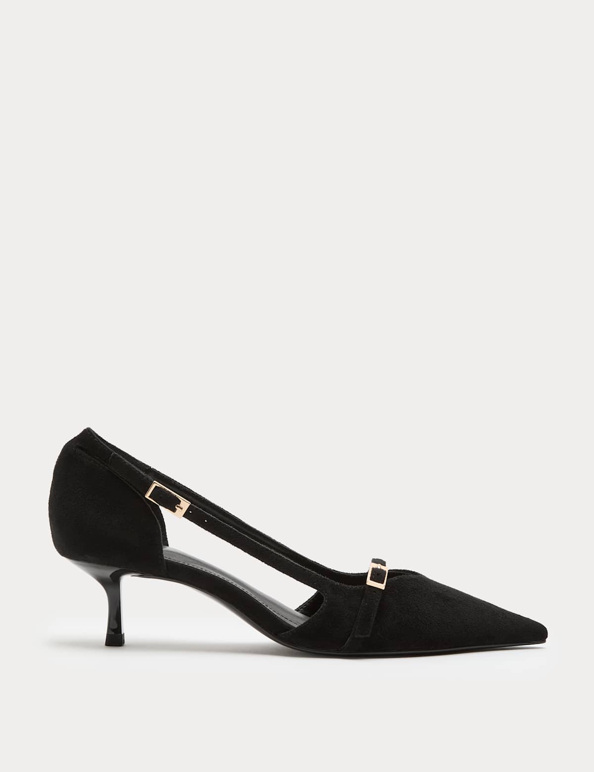 Women's Buckle Detail Kitten Heel Pointed Court Shoes - Black | SAVINTARI
