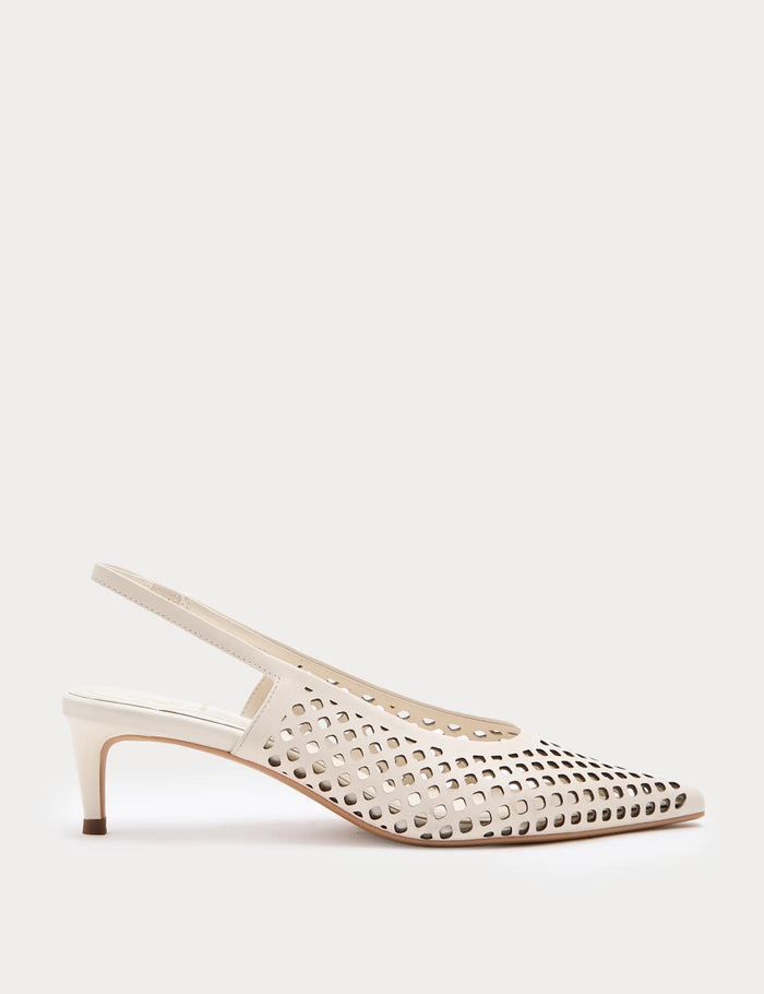 Women's Leather Laser Cut Slingback Sandals - White | Dress Heel Shoes | SAVINTARI