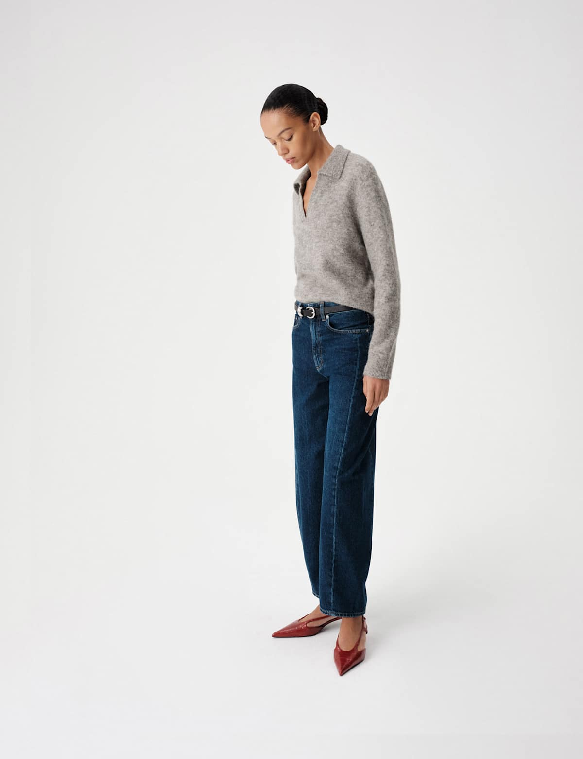 Women's Wool Rich Brushed Collared V Neck Jumper - Grey | womens jumper | SAVINTARI