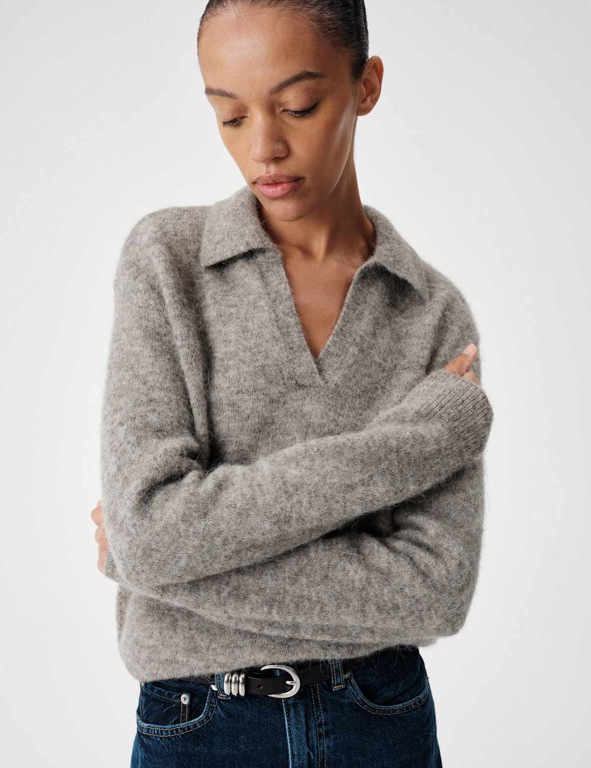 Women's Wool Rich Brushed Collared V Neck Jumper - Grey | womens jumper | SAVINTARI