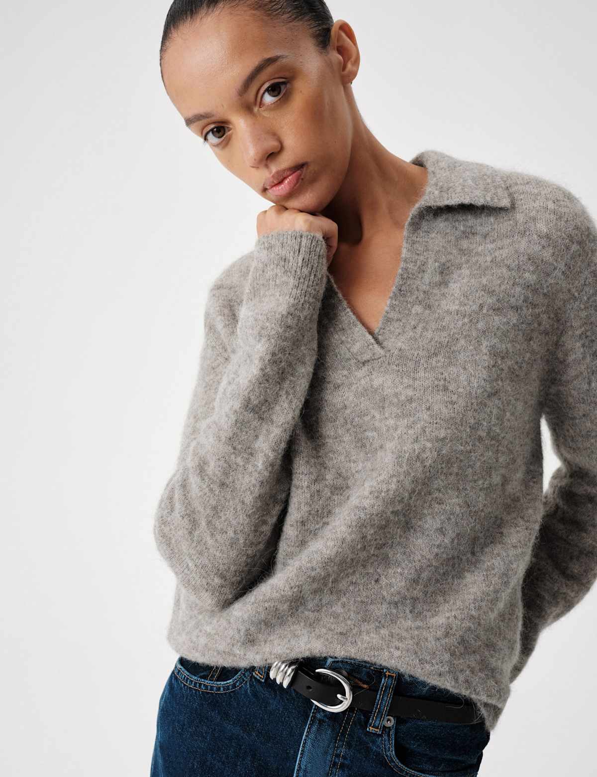 Women's Wool Rich Brushed Collared V Neck Jumper - Grey | womens jumper | SAVINTARI
