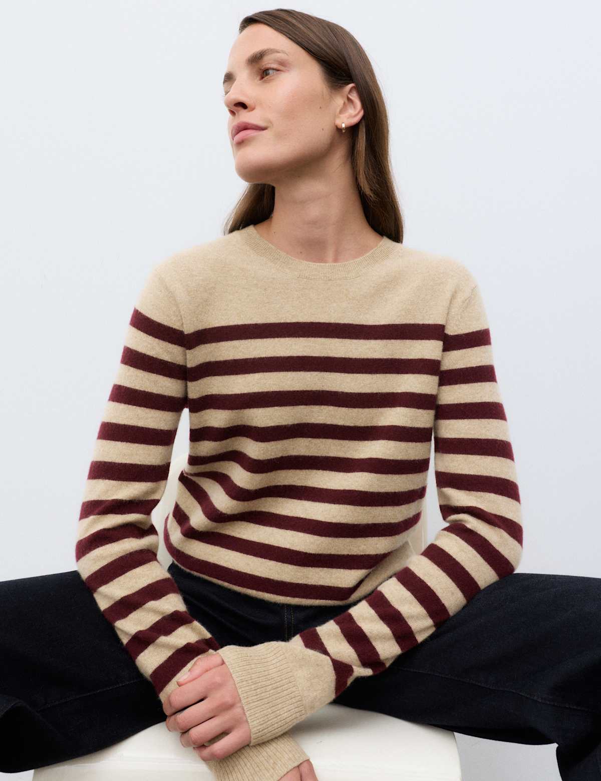Women's Pure Cashmere Striped Crew Neck Jumper - Black | womens jumper | SAVINTARI