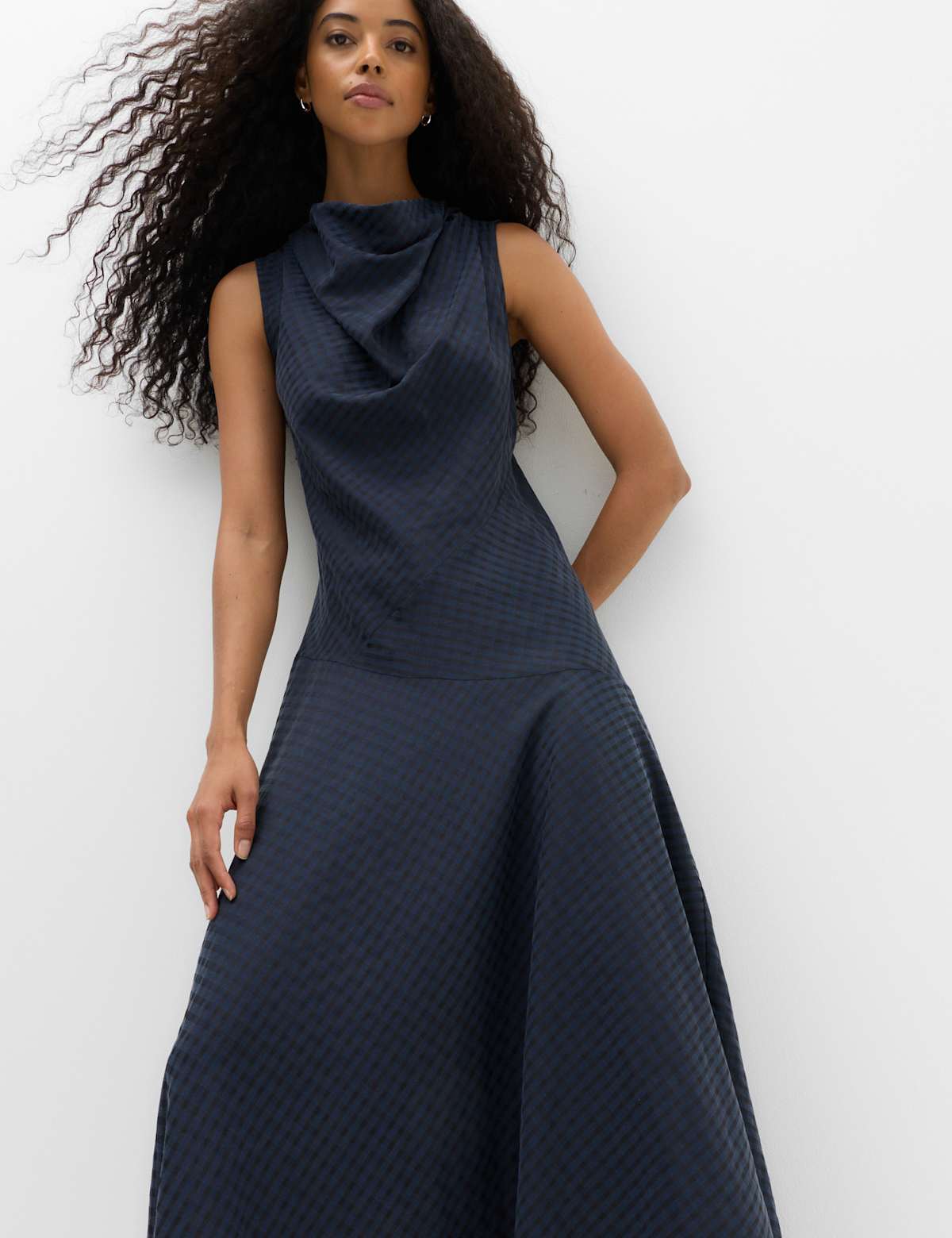 Women's Lyocell Rich Checked Cowl Neck Midi Dress - Navy | midi dress | SAVINTARI