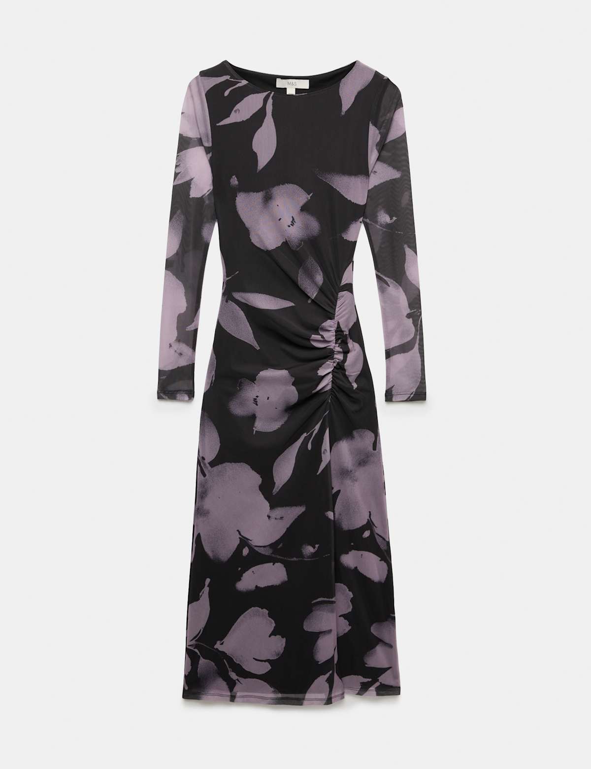 Women's Floral Bodycon Midi Dress with Long Sleeves - Black | midi dress | SAVINTARI