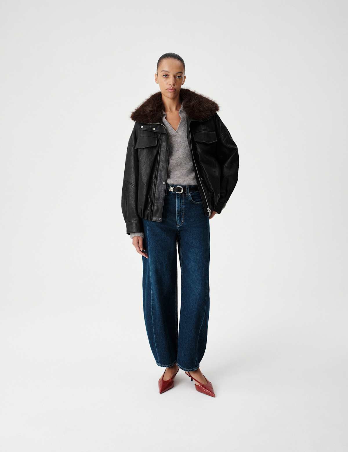 Women's Faux Leather Faux Fur Relaxed Jacket - Black | leather jacket | SAVINTARI
