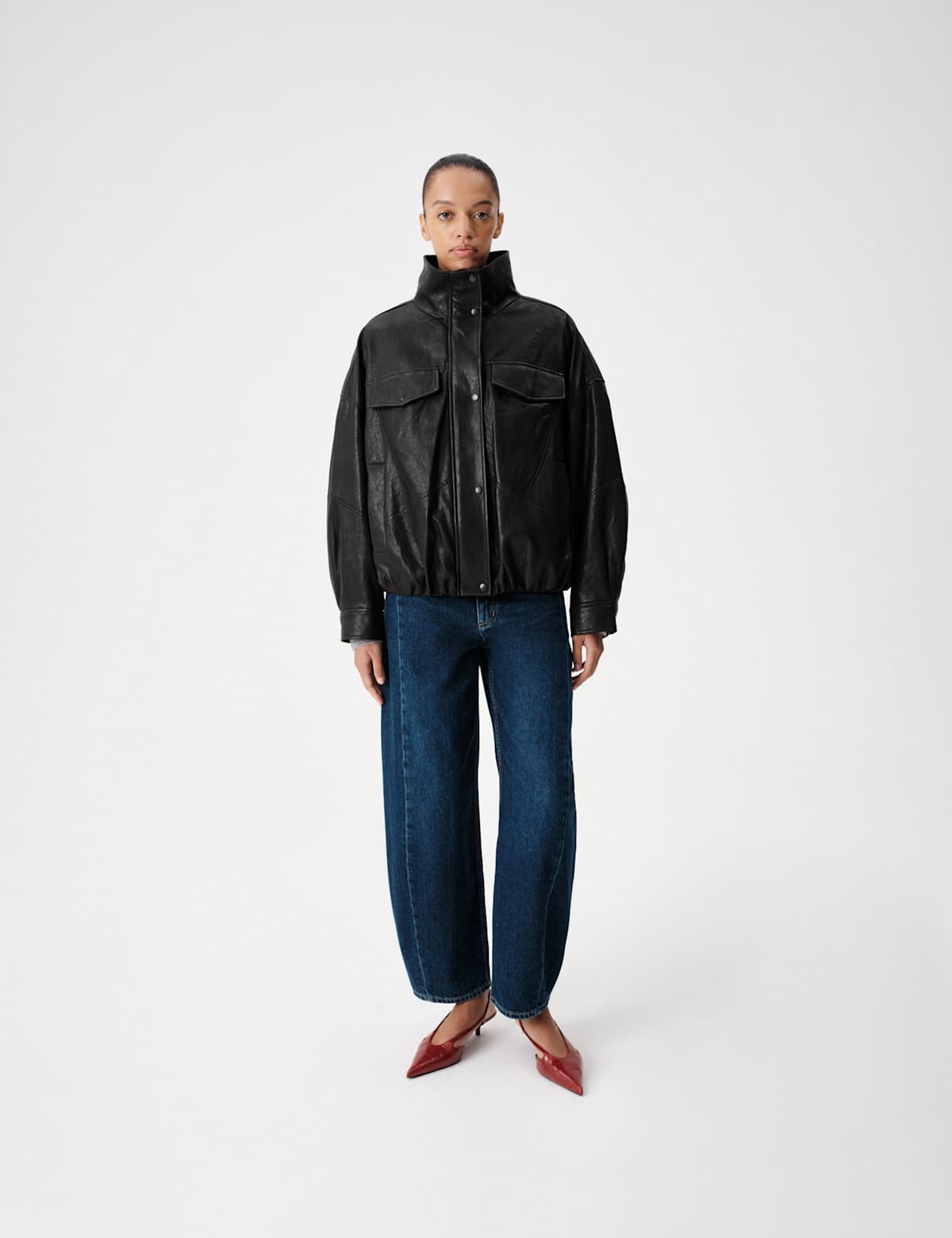 Women's Faux Leather Faux Fur Relaxed Jacket - Black | leather jacket | SAVINTARI