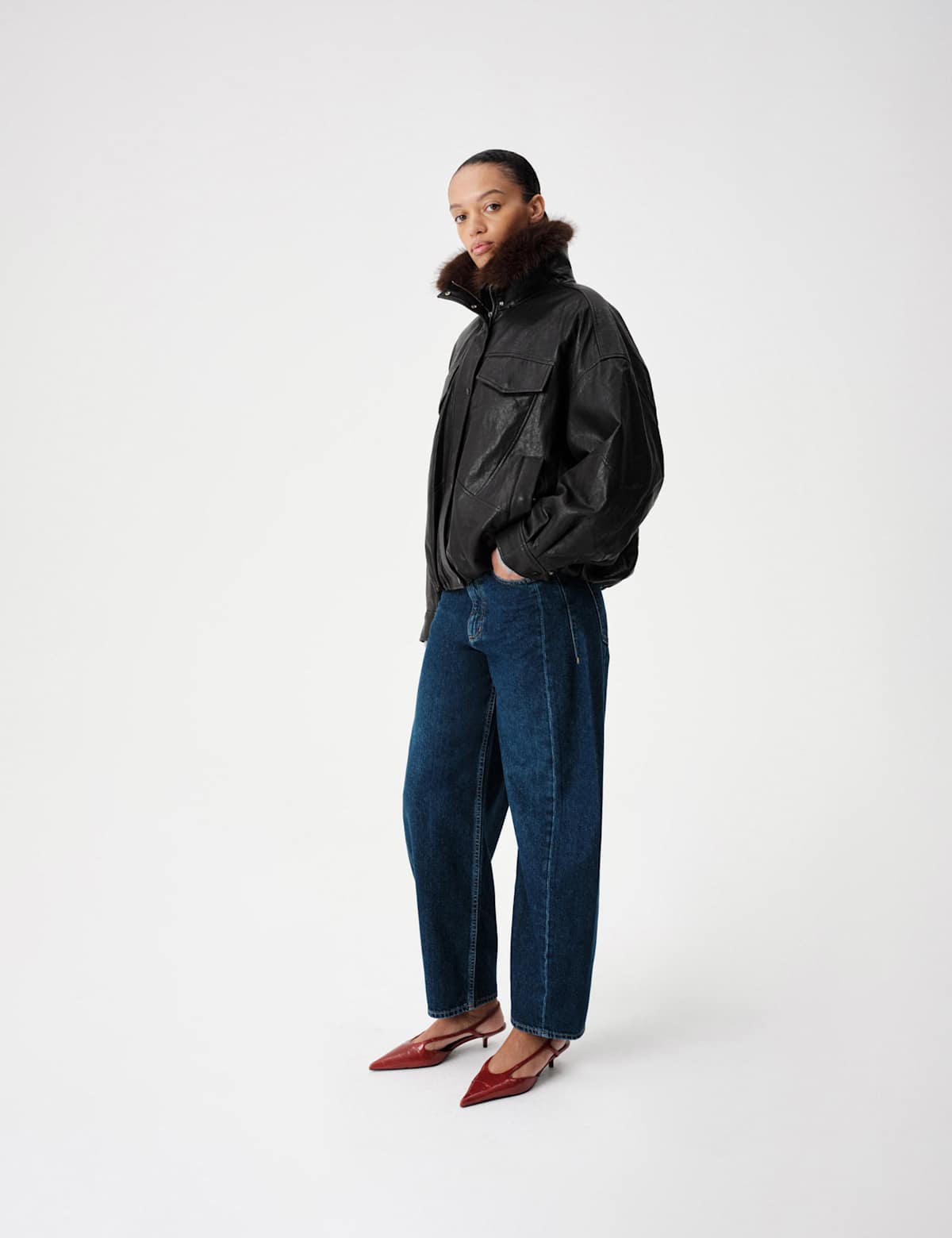 Women's Faux Leather Faux Fur Relaxed Jacket - Black | leather jacket | SAVINTARI