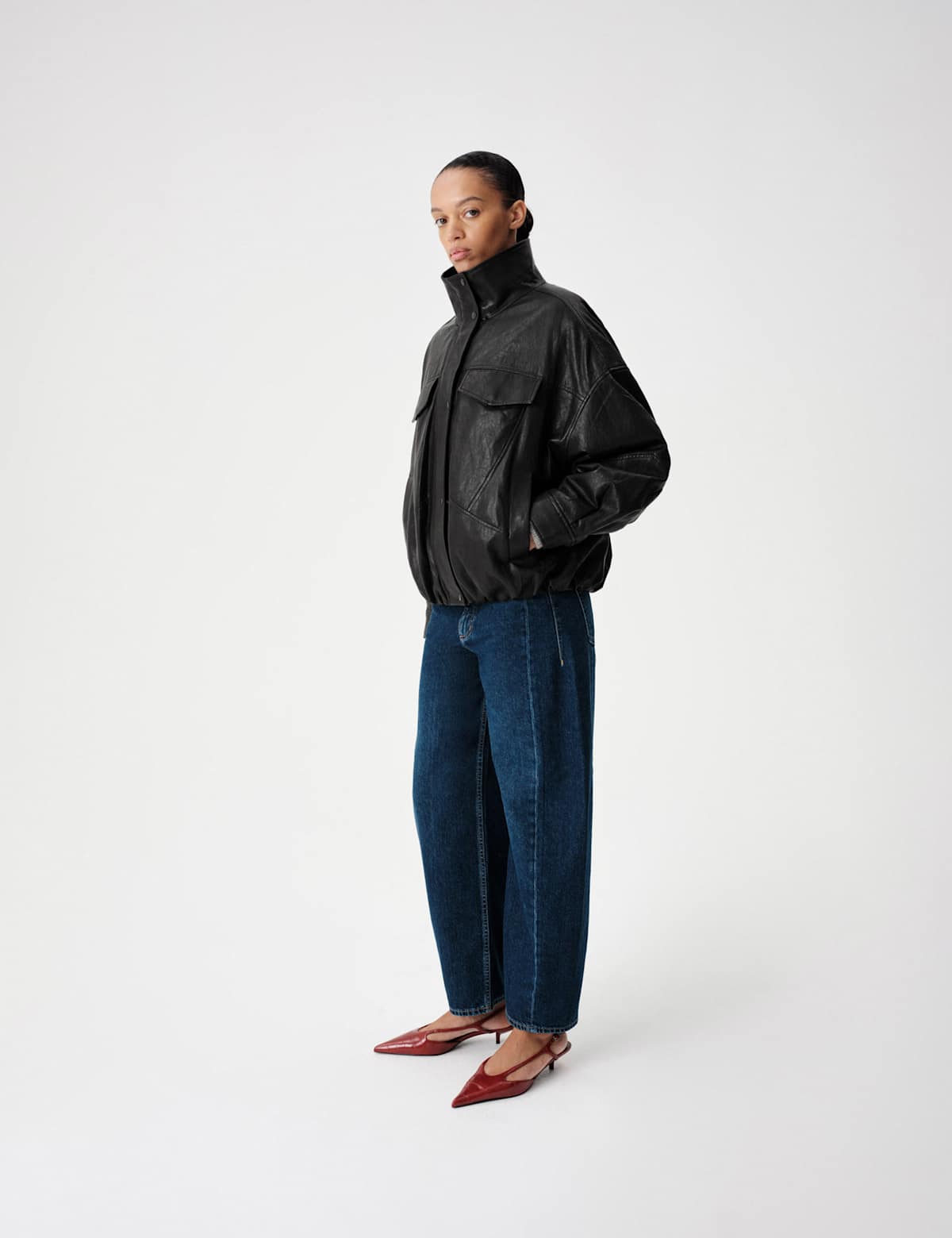 Women's Faux Leather Faux Fur Relaxed Jacket - Black | leather jacket | SAVINTARI