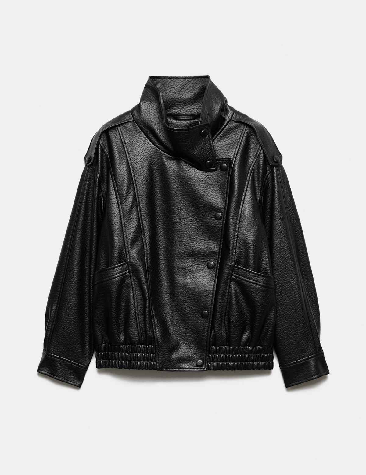 Women's Faux Leather Funnel Neck Bomber Jacket - Black | leather jacket | SAVINTARI