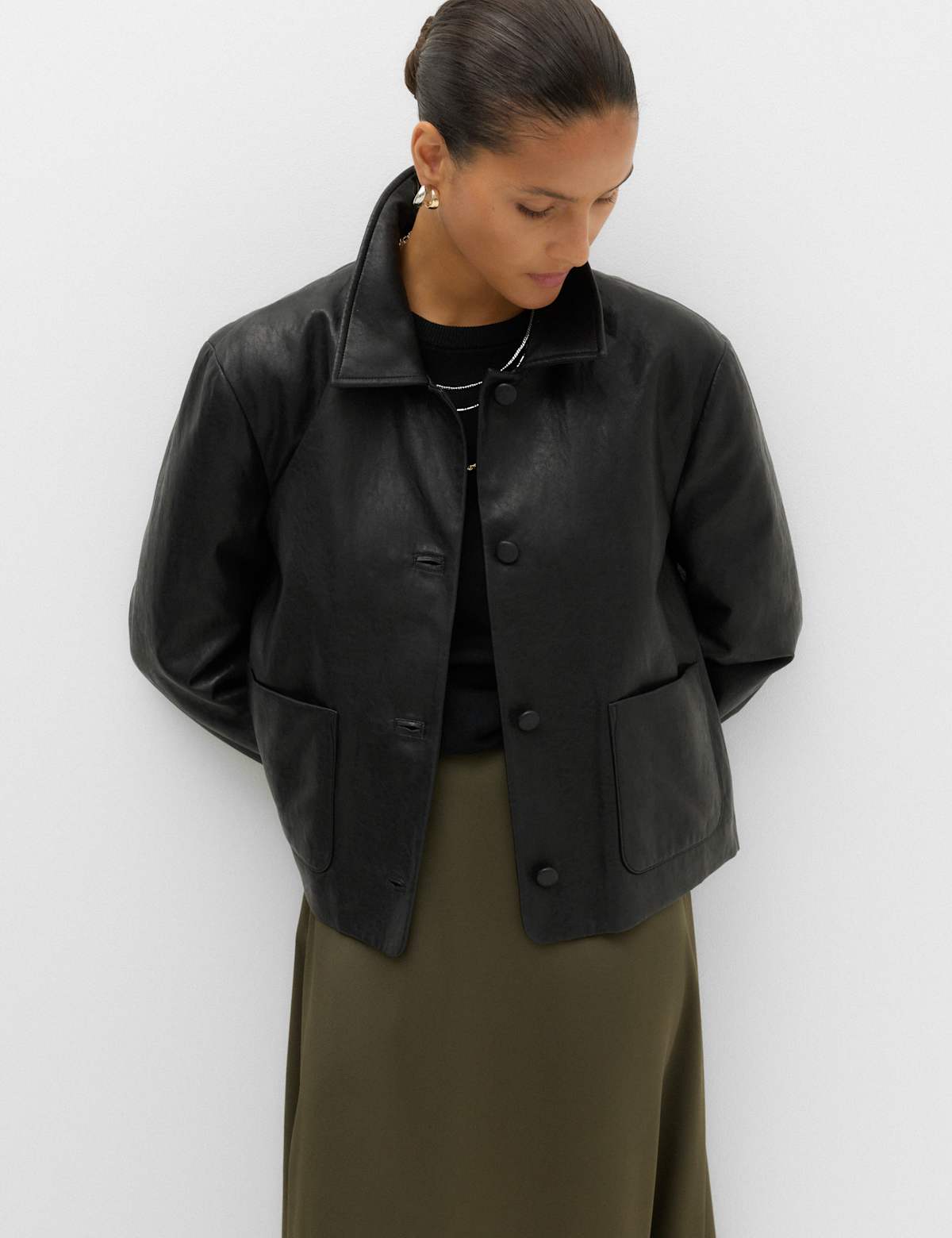 Women's Faux Leather Padded Short Jacket - Black | leather jacket | SAVINTARI