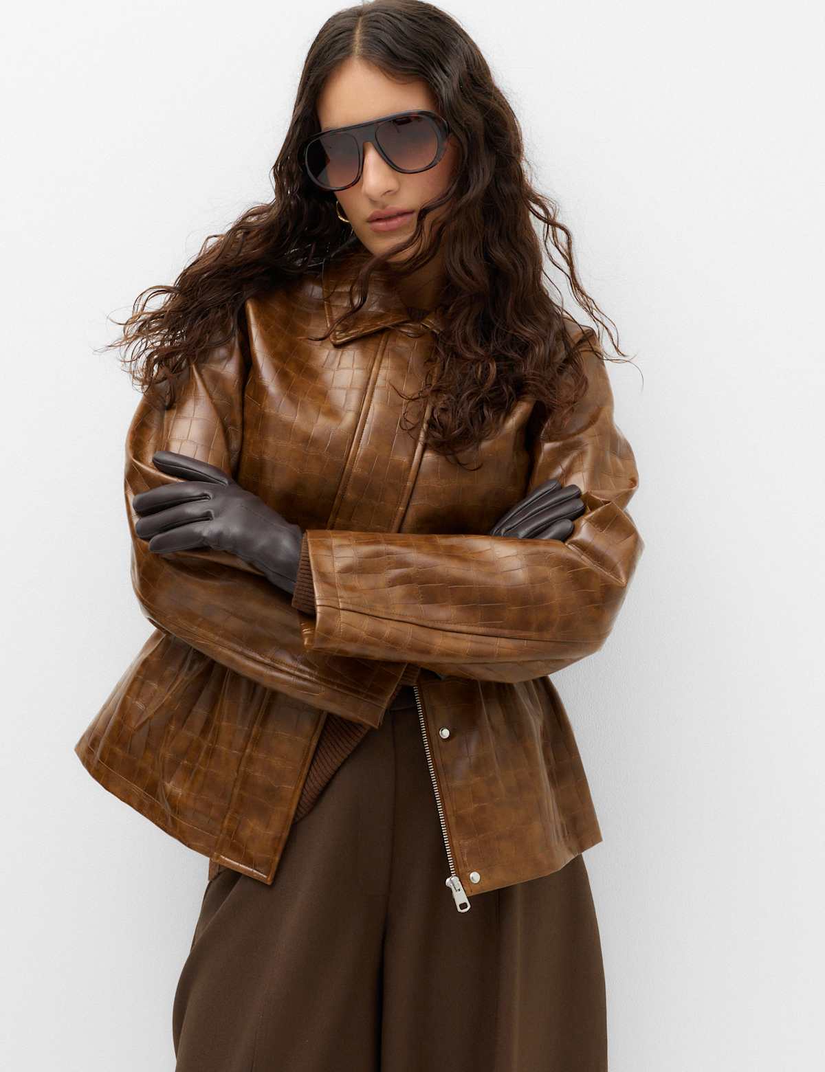 Women's Croc Faux Leather Jacket - Black | leather jacket | SAVINTARI