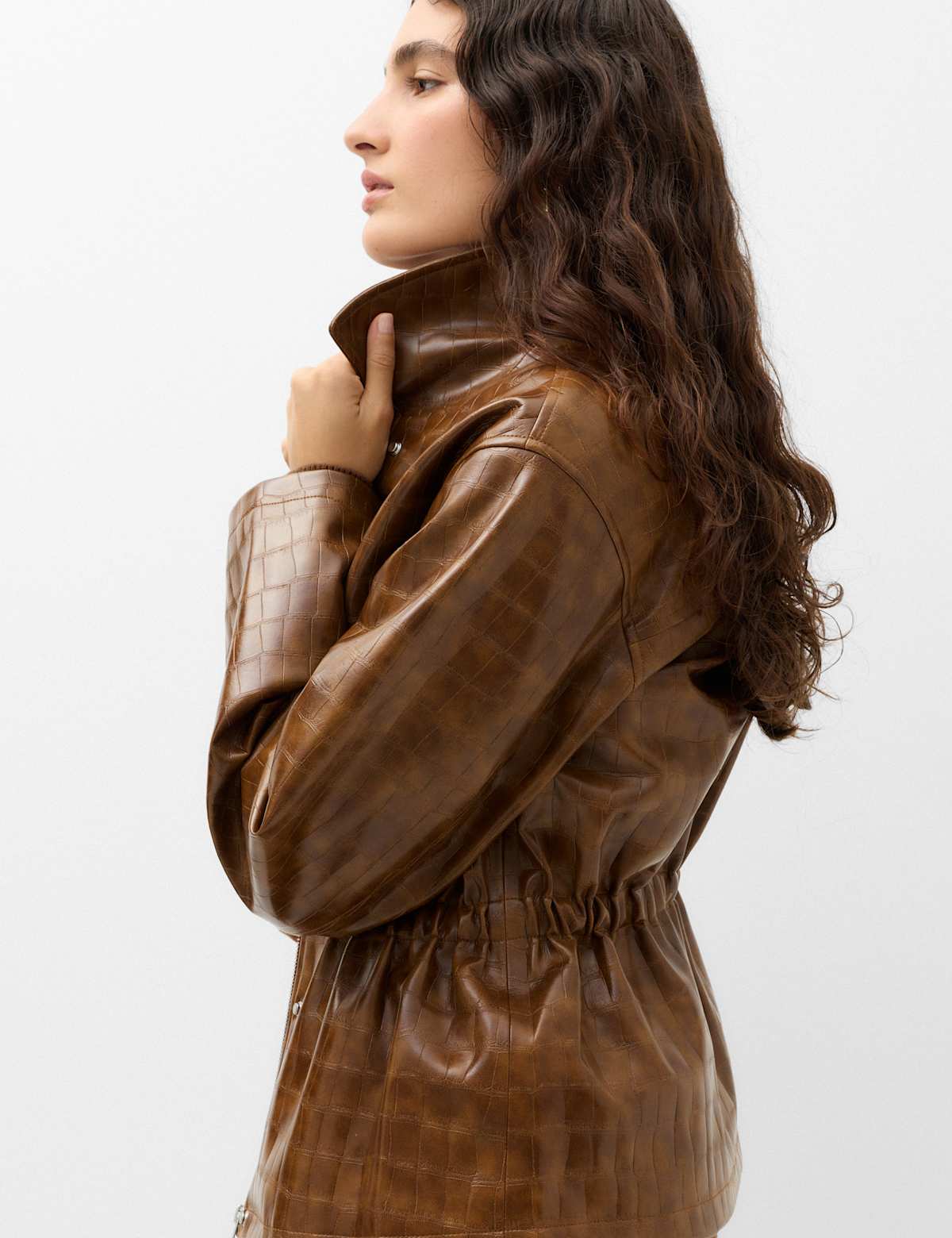 Women's Croc Faux Leather Jacket - Black | leather jacket | SAVINTARI