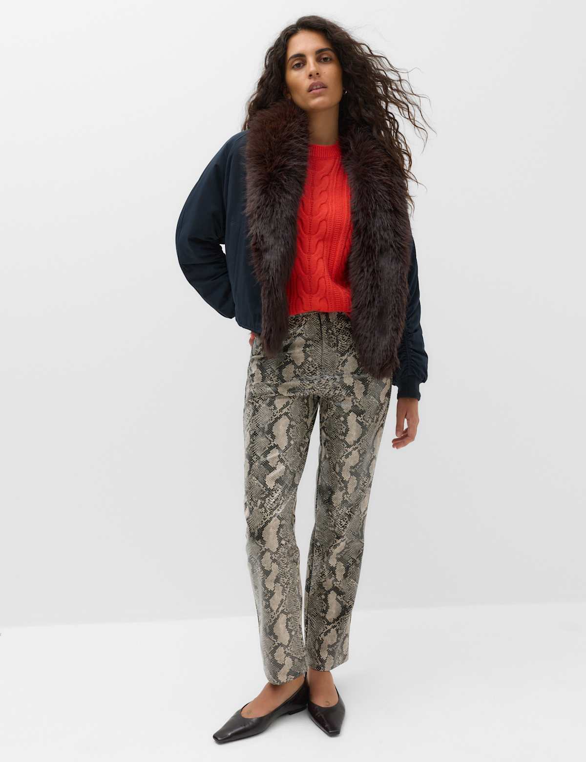 Women's Faux Fur Scarf Flight Bomber Jacket - Navy | bomber jacket | SAVINTARI