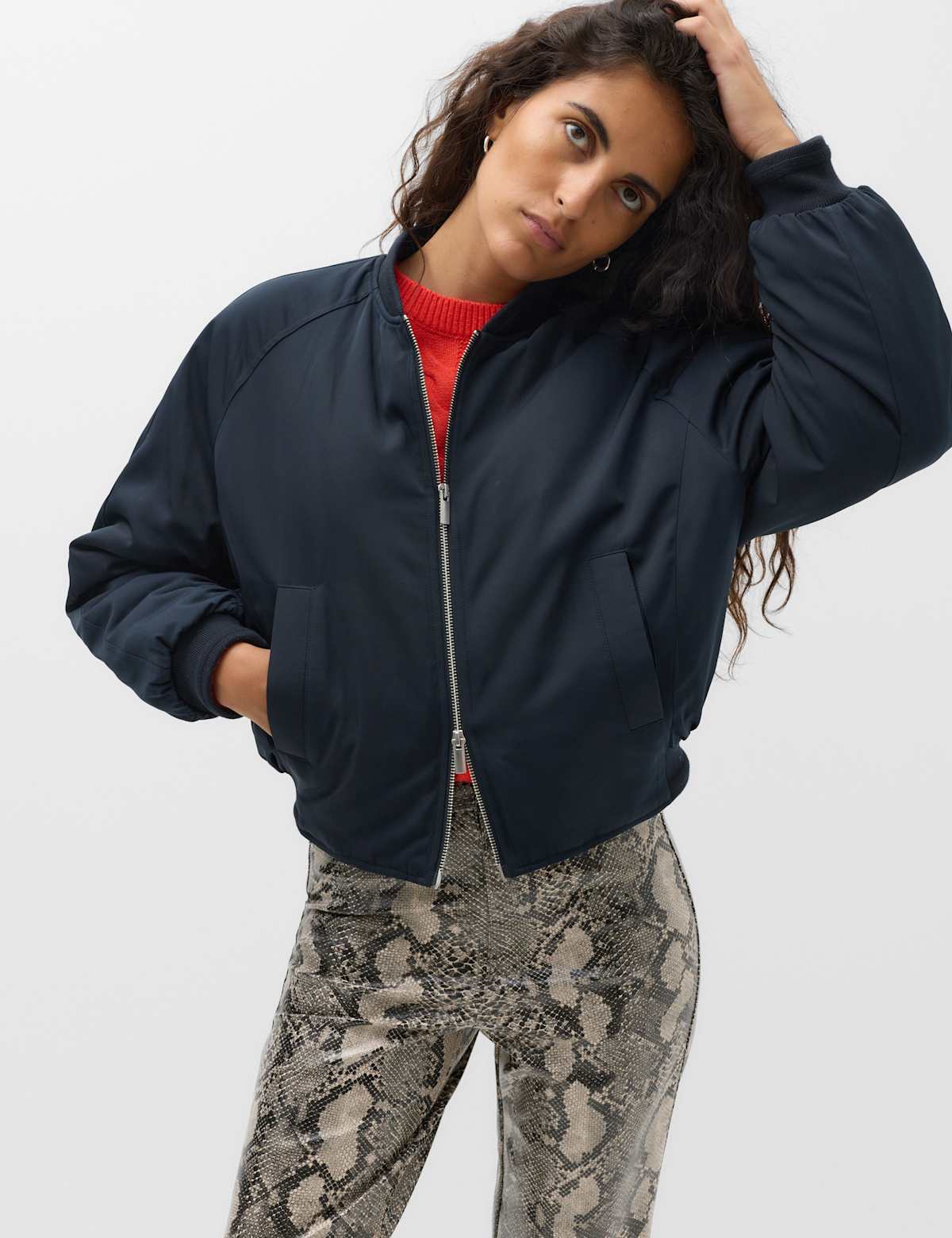 Women's Faux Fur Scarf Flight Bomber Jacket - Navy | bomber jacket | SAVINTARI