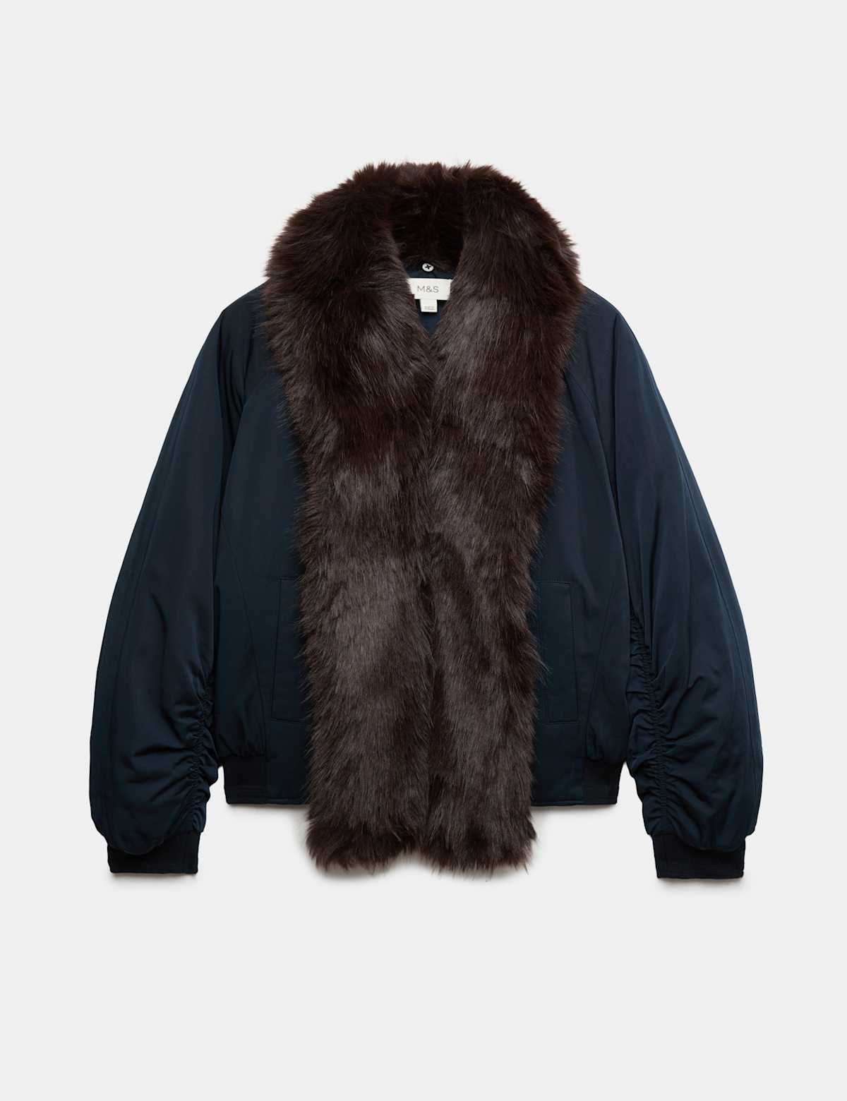 Women's Faux Fur Scarf Flight Bomber Jacket - Navy | bomber jacket | SAVINTARI