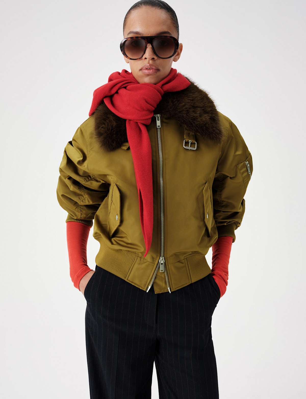 Women's Faux Fur Trim Flight Bomber Jacket - Green | bomber jacket | SAVINTARI