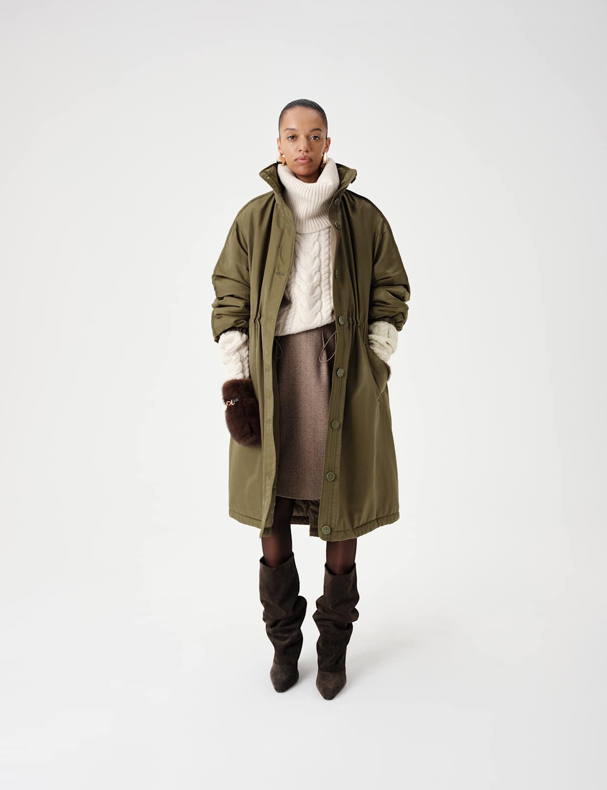 Women's Satin Relaxed Funnel Neck Longline Parka Coat - Green | hoodie | SAVINTARI
