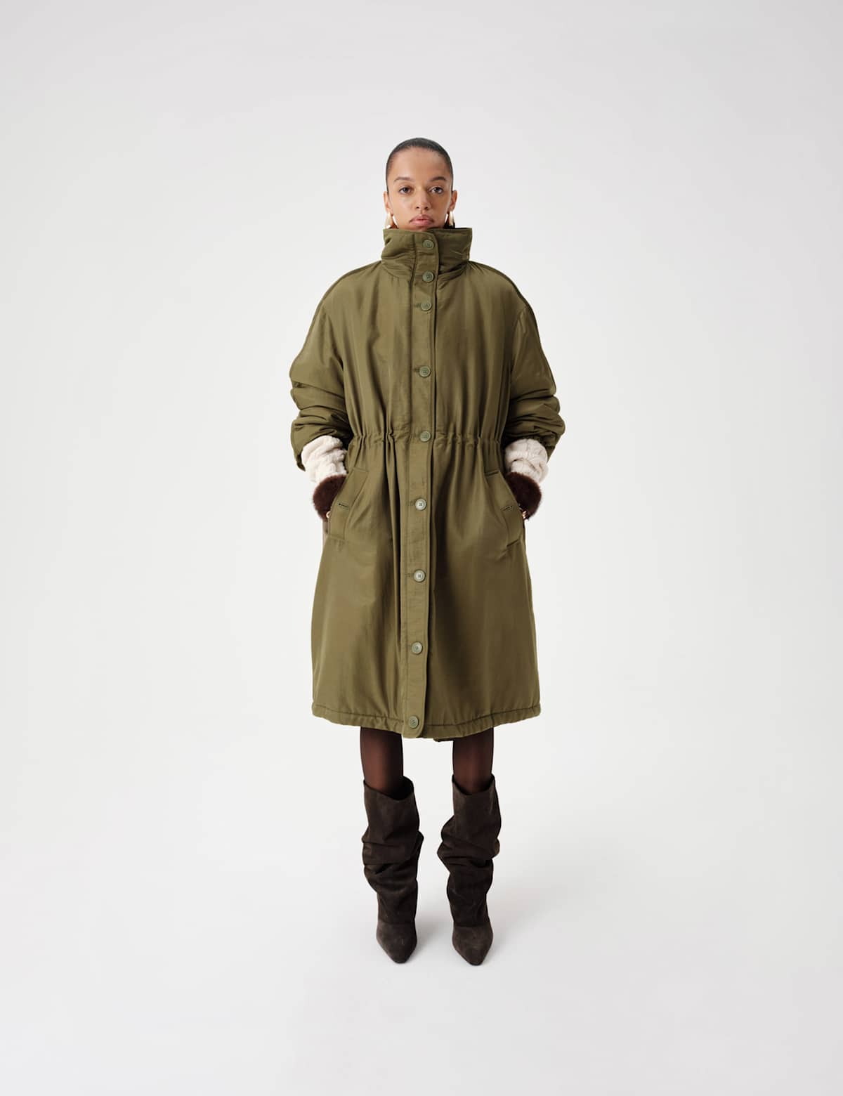 Women's Satin Relaxed Funnel Neck Longline Parka Coat - Green | hoodie | SAVINTARI