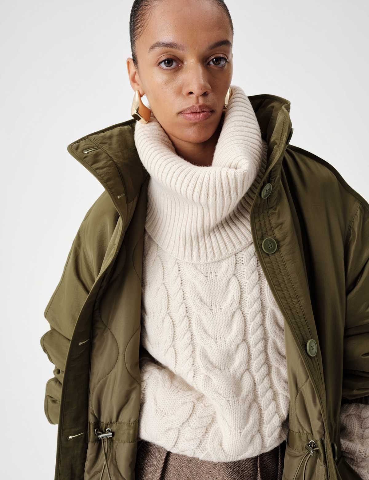 Women's Satin Relaxed Funnel Neck Longline Parka Coat - Green | hoodie | SAVINTARI