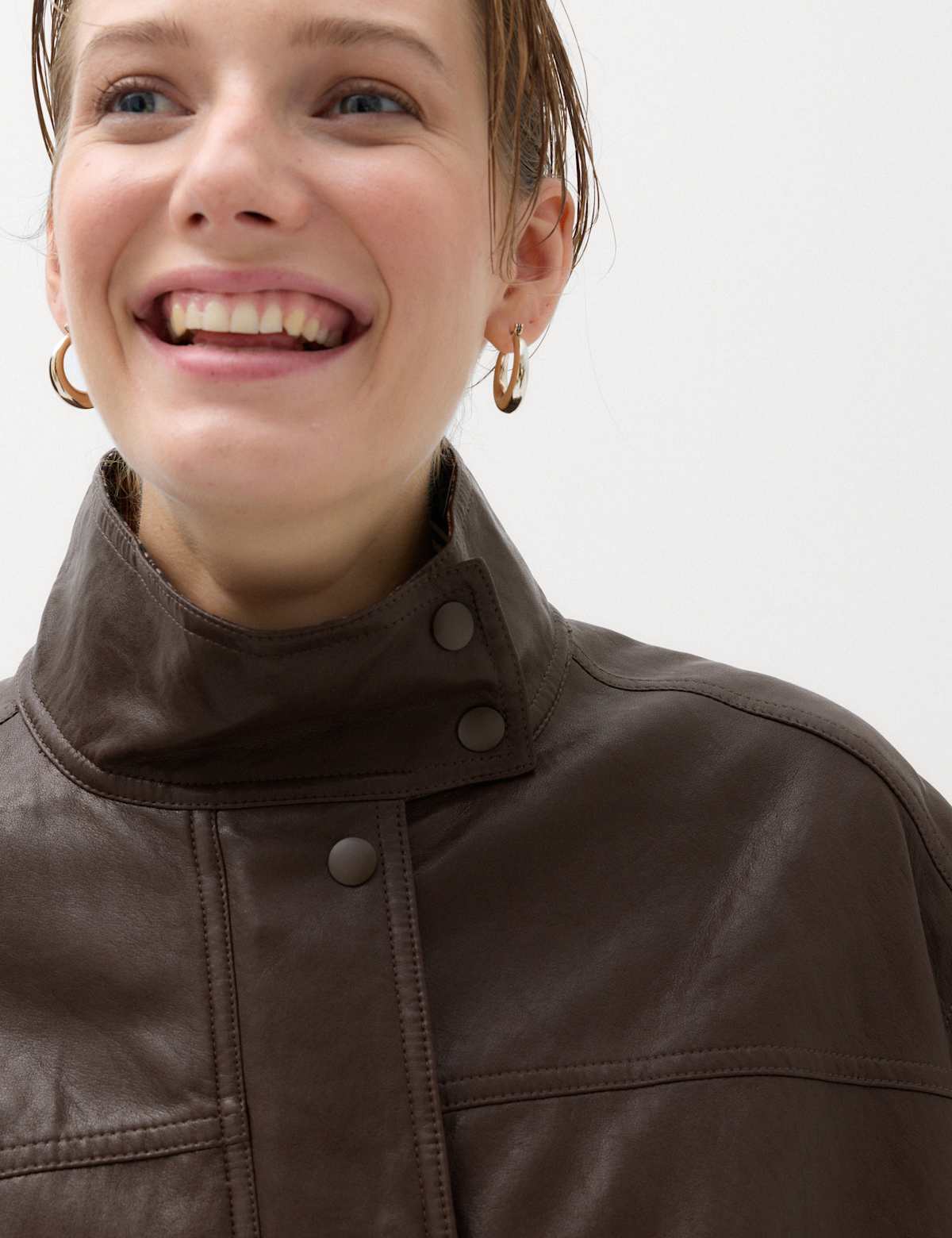 Women's Faux Leather Checked Funnel Neck Bomber Jacket - Black | leather jacket | SAVINTARI