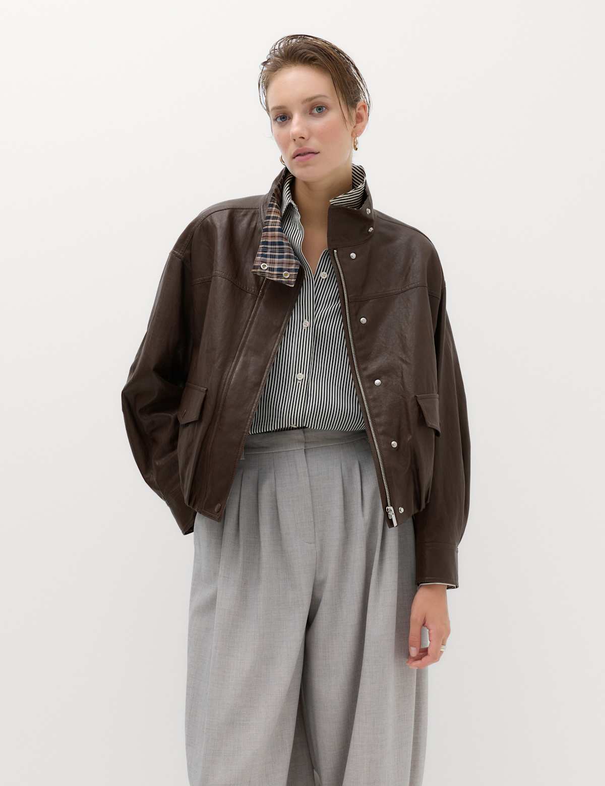 Women's Faux Leather Checked Funnel Neck Bomber Jacket - Black | leather jacket | SAVINTARI