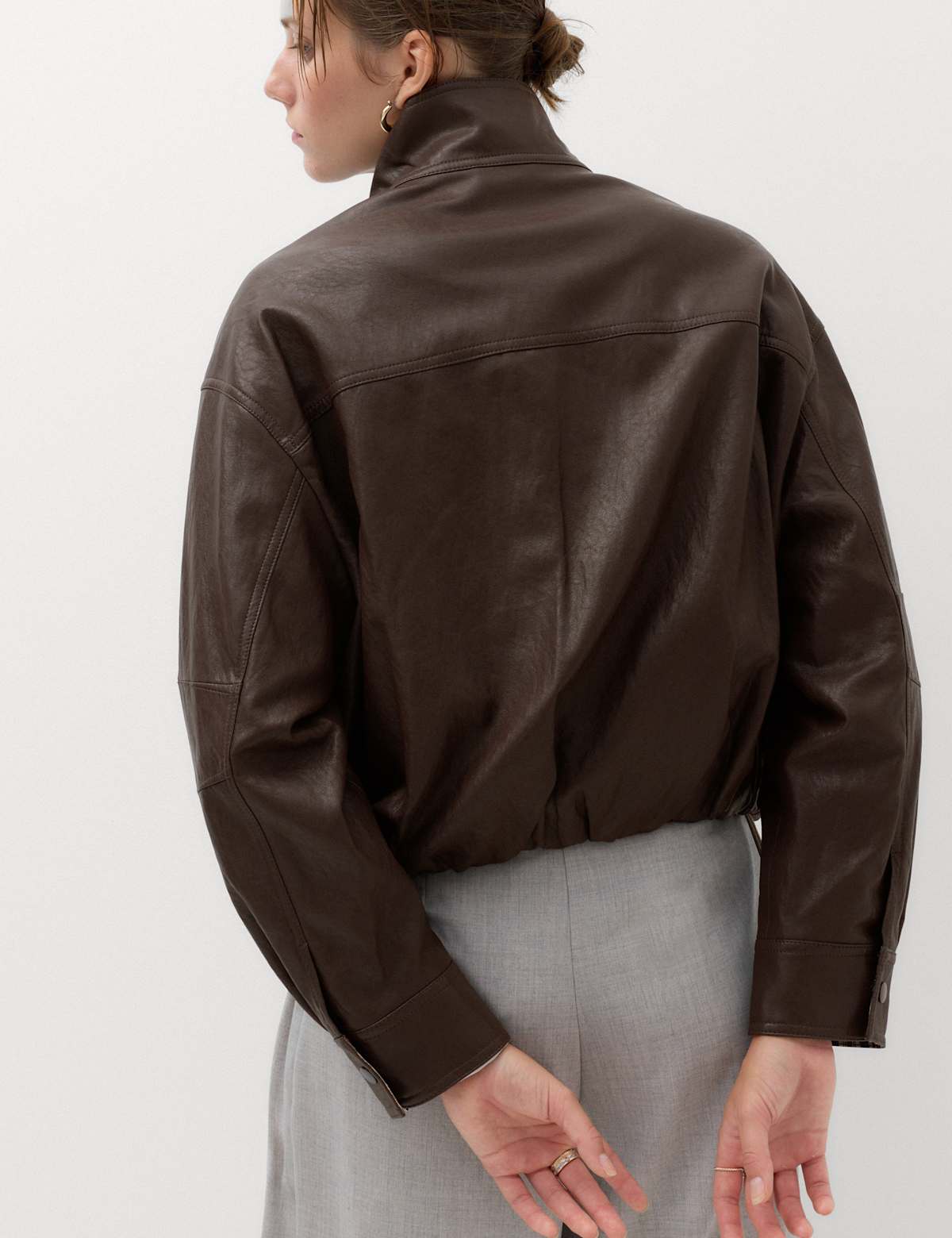 Women's Faux Leather Checked Funnel Neck Bomber Jacket - Black | leather jacket | SAVINTARI