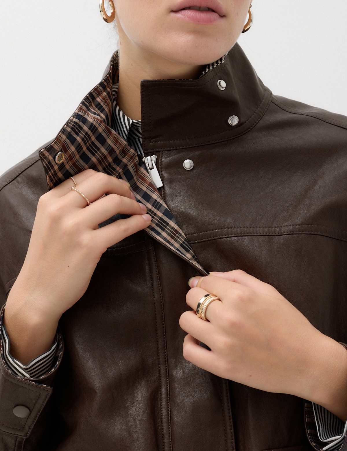 Women's Faux Leather Checked Funnel Neck Bomber Jacket - Black | leather jacket | SAVINTARI