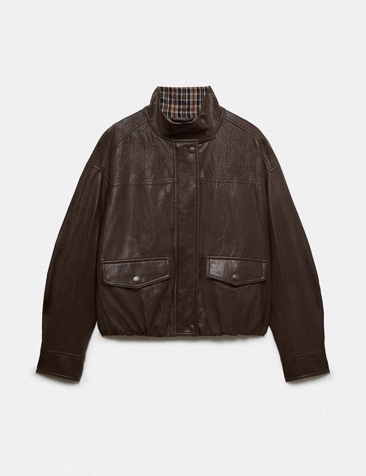 Women's Faux Leather Checked Funnel Neck Bomber Jacket - Black | leather jacket | SAVINTARI