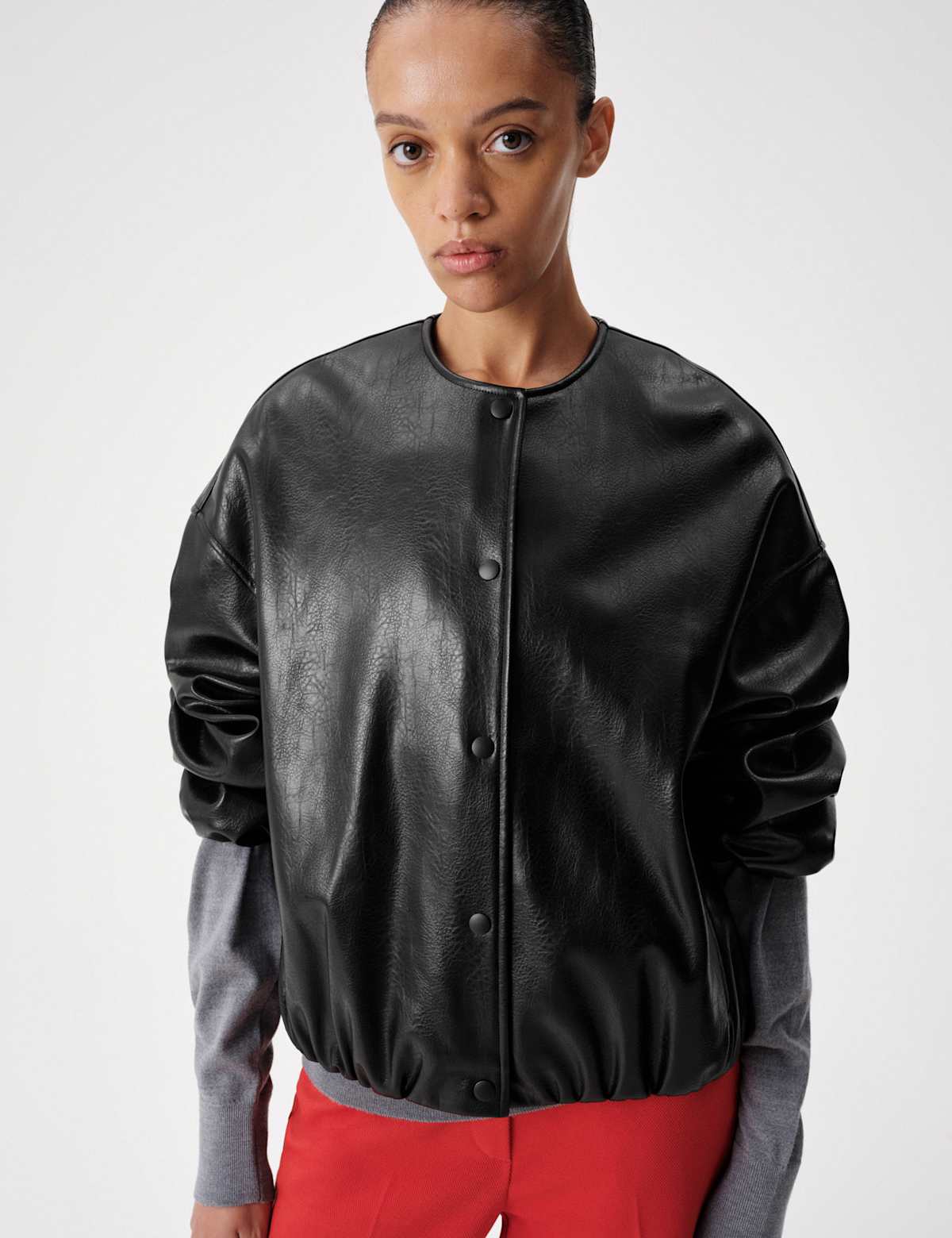 Women's Faux Leather Bubble Hem Bomber Jacket - Black | leather jacket | SAVINTARI