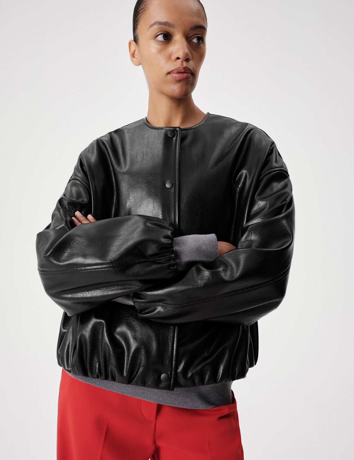 Women's Faux Leather Bubble Hem Bomber Jacket - Black | leather jacket | SAVINTARI