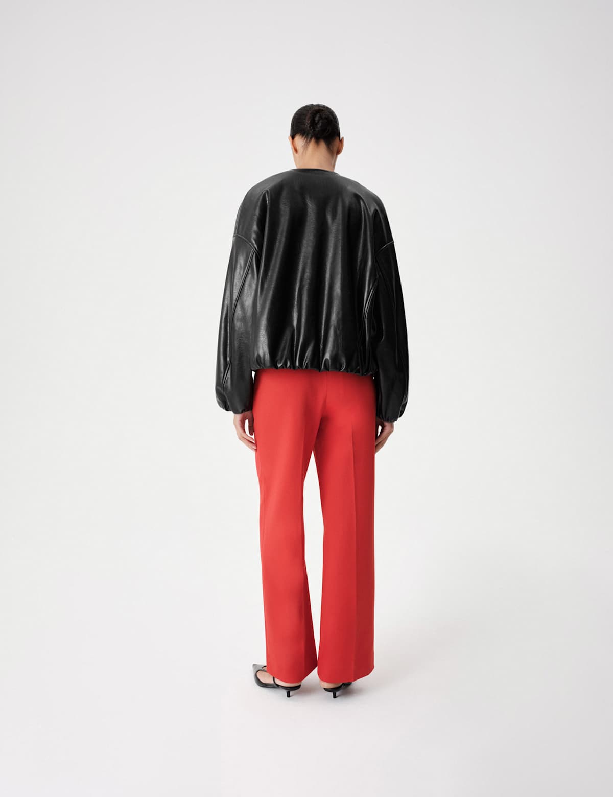 Women's Faux Leather Bubble Hem Bomber Jacket - Black | leather jacket | SAVINTARI