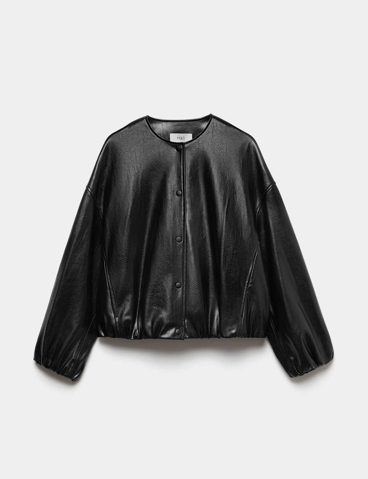 Women's Faux Leather Bubble Hem Bomber Jacket - Black | leather jacket | SAVINTARI