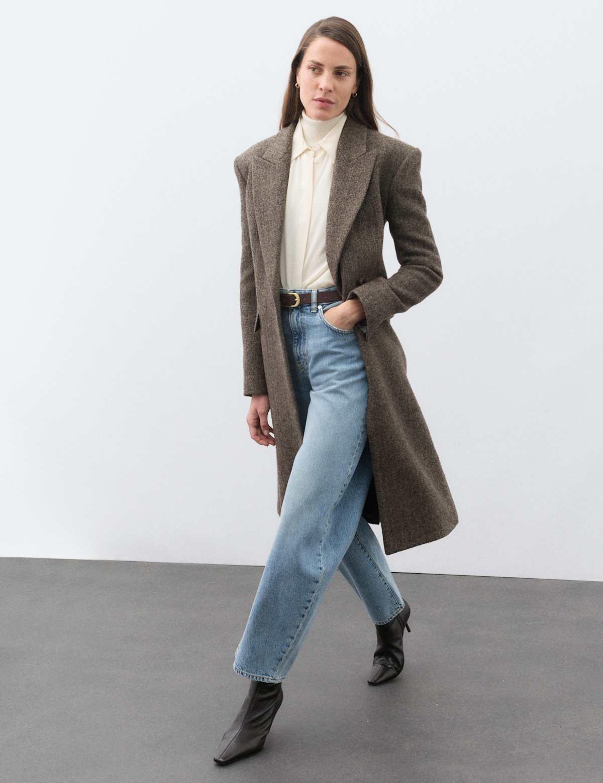 Women's Wool Rich Herringbone Tailored Coat - Camel | womens coats | SAVINTARI