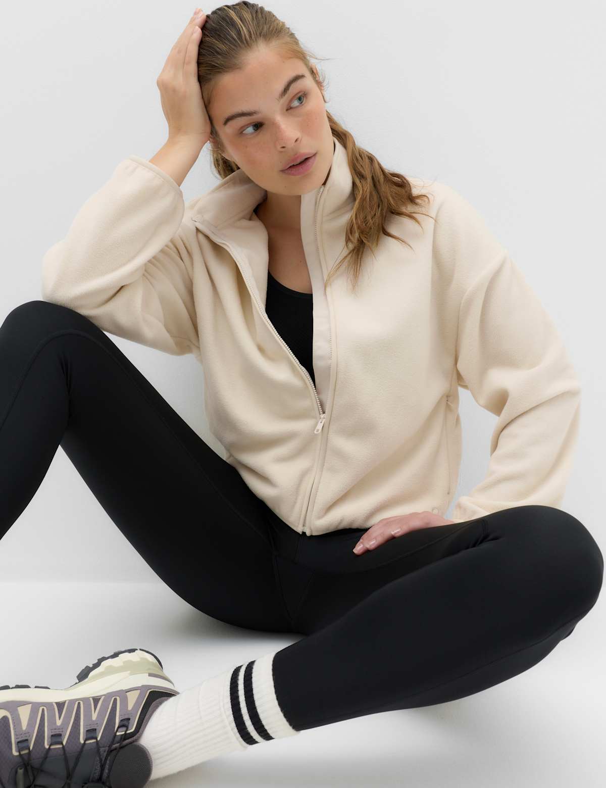 Women's Zip Up Funnel Neck Relaxed Fleece Jacket - Ecru | fleece jacket | SAVINTARI