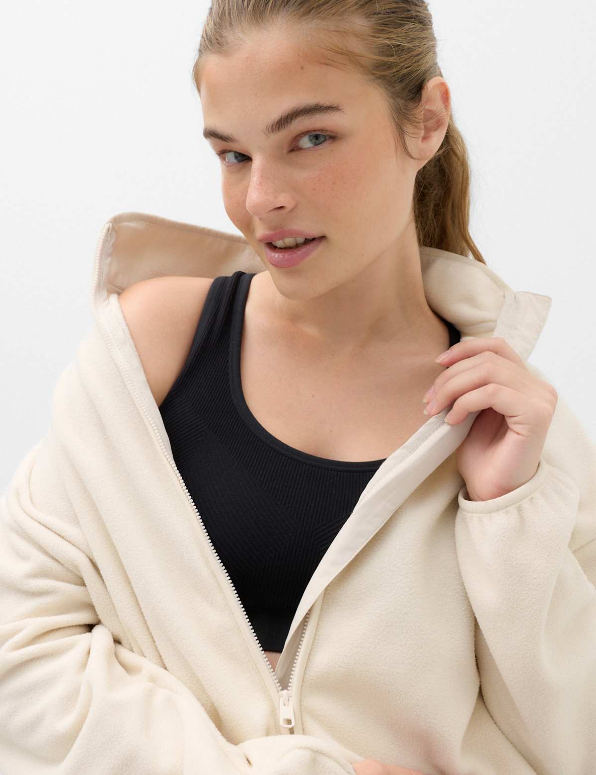 Women's Zip Up Funnel Neck Relaxed Fleece Jacket - Ecru | fleece jacket | SAVINTARI