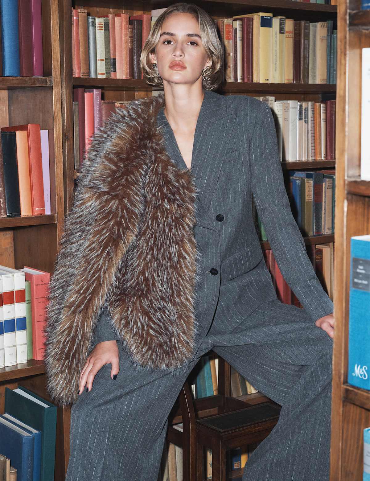 Women's Pinstripe Double Breasted Blazer with Wool - Grey | womens blazer | SAVINTARI